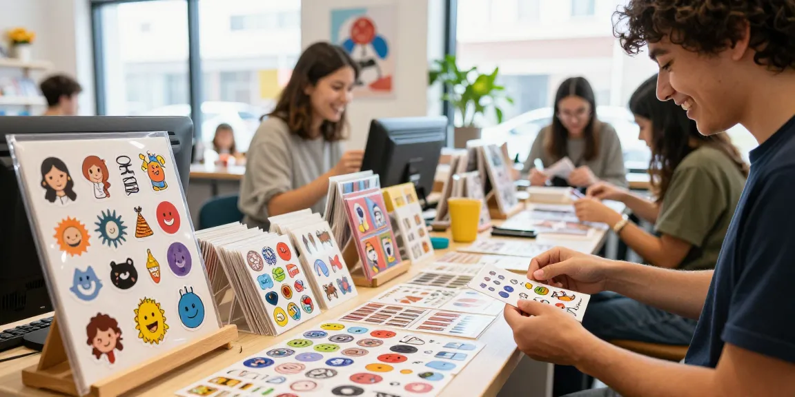 Shop showcasing custom stickers with diverse designs and a happy customer selecting personalized options.
