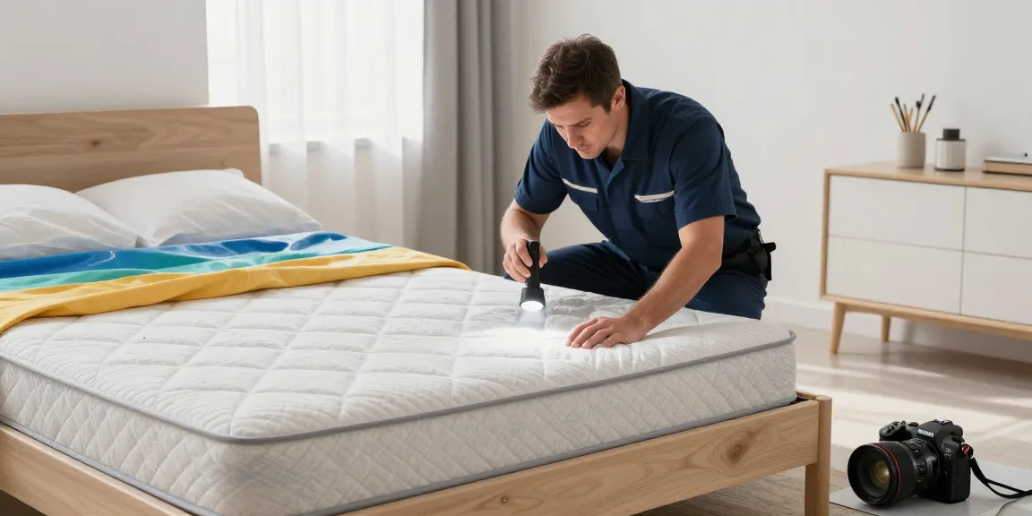 Bed bug exterminator inspecting mattress seams in a modern bedroom for effective pest control.