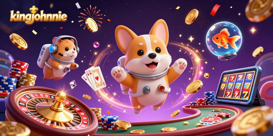 Experience the excitement of kingjohnnie's casino with a dynamic 3D illustration of an astronaut corgi floating amidst golden coins and poker chips.