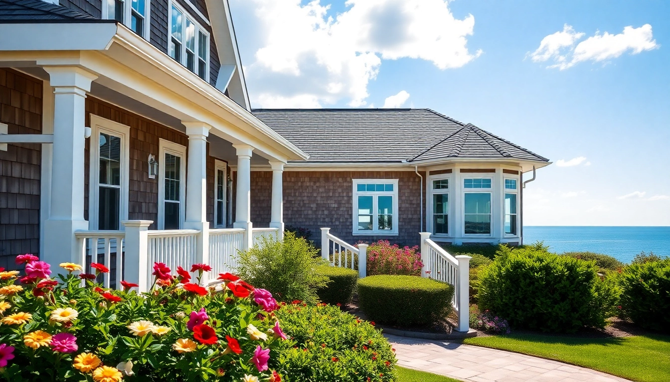 Stunning cape cod homes with spacious porches and lush gardens under blue sky.