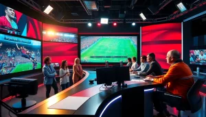 Engaging sports broadcasting analysts lively discussing a live game in a modern studio.